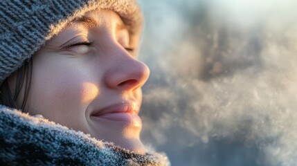 Serene Winter Smile - Woman Enjoying Frosty Morning Sunshine