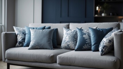 Pillows in blue and white on a gray sofa interior decoration.