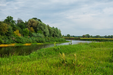 Idyllic view of a calm, rural scene with a wide river reflecting the peaceful greenery of the countryside