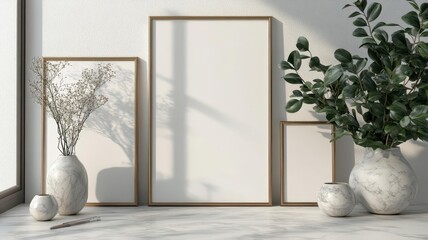 Elegant frame mockup, minimalistic workspace with marble textures, illustration