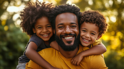 Happy African-American Father with His Two Children in a Park, Radiating Family Love and Joyful Togetherness. Father’s Day