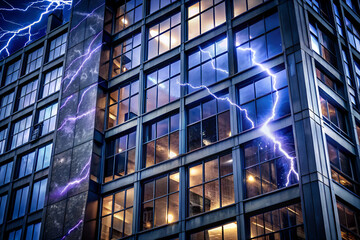 Obraz premium A building with a lightning bolt on it. The building is tall and has many windows. Scene is dramatic and intense