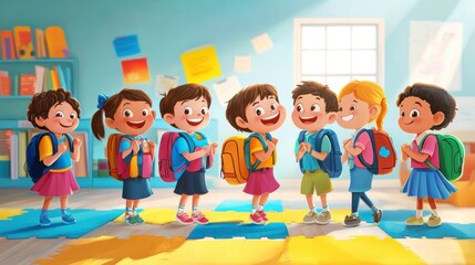A group of happy school children with backpacks, smiling and interacting with each other, in a bright and colorful classroom