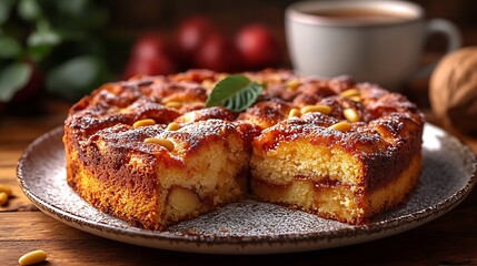 A beautifully plated Torta della Nonna with a golden crust and pine nuts, served on a dessert plate, with a blurred espresso cup in the background, creating a warm and inviting dessert atmosphere.