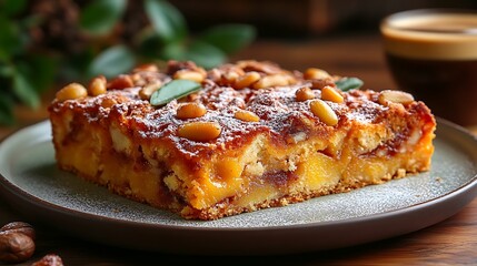 A beautifully plated Torta della Nonna with a golden crust and pine nuts, served on a dessert plate, with a blurred espresso cup in the background, creating a warm and inviting dessert atmosphere.
