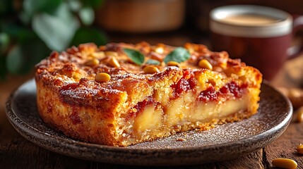 A beautifully plated Torta della Nonna with a golden crust, sprinkled with pine nuts, served on a dessert plate, with a blurred espresso cup in the background, creating a warm and inviting caf&eacute; scene.
