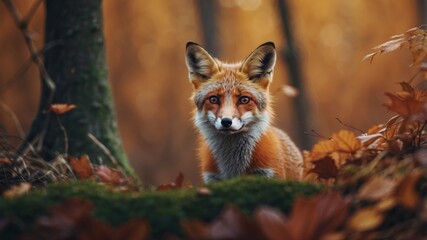 Captivating Close up of Curious Fox Peeking Through Autumn Foliage in Lush Forest.