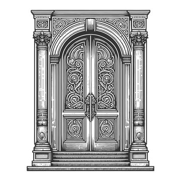 recommend clip art: ornate door featuring classical architectural details, including columns and decorative carvings sketch engraving generative ai vector illustration. Scratch board imitation. Black and white image.