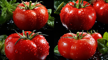 A close-up 3D render of a vibrant red tomato with water droplets, showcasing realistic textures and reflections on a transparent background.