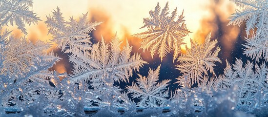 Glistening patterns of frost displayed on a window in a winter setting.