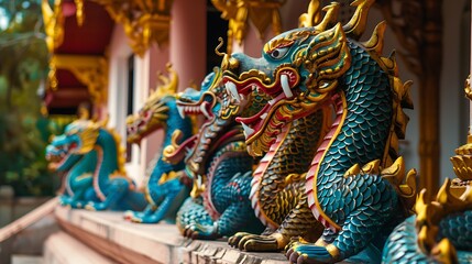 Obraz premium The colorful statues of dragons defending wat ban den entryway