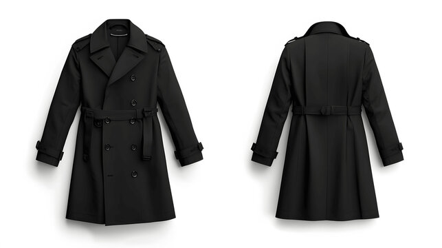 Black trench coat mockup, front and back view, isolated on white