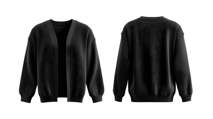 Black women's cardigan mockup, front and back view, isolated on white