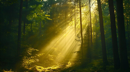 Fototapeta premium Amazing scenic landscape at early morning in forest. Dazzling bright sunlight through tree branches silhouettes. Rich fall foliage glitter in sunbeams. Wonderful sunrise. Lovely sunset scenery.