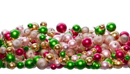Christmas balls in pink, green and gold colors on a transparent background. Composition of Christmas ornaments. 3D render. Holiday decoration.