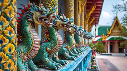 Fototapeta premium The colorful statues of dragons defending wat ban den entryway