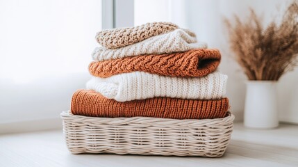 Obraz premium Knitted sweaters in warm beige and neutral tones are neatly stacked on a window sill, providing a cozy touch while winter light filters through, enhancing the seasonal charm