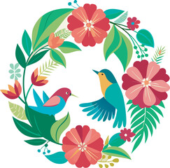 Hibiscus flower wreath with bird and bird Vector illustration.eps