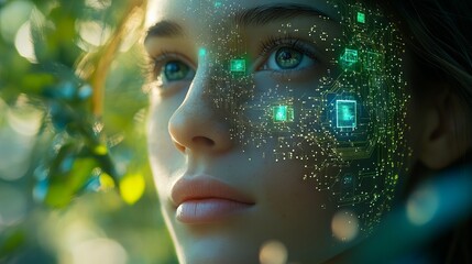 Woman with Digital Interface Overlay in Nature
