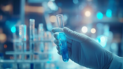 Scientist Holding Test Tube with Blue Liquid
