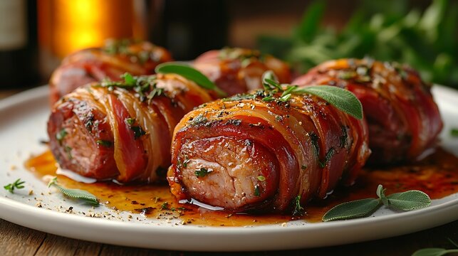A close-up shot of Saltimbocca alla Romana with tender veal, wrapped in prosciutto and sage, served on a pristine white plate, with a blurred bottle of wine softly glowing in the background,