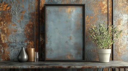 Modern frame against distressed metal surface, industrial chic, illustration