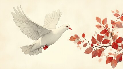 Obraz premium A white dove soars through the air, approaching a branch adorned with autumn leaves
