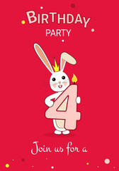 Invitation to a kid's birthday party. Bunny with a number candle 4. 4 years old.  