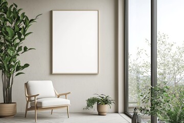 Fototapeta premium Poster Frame in Beige minimalist living room interior created with generative AI