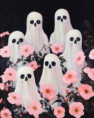 Obraz premium Ghosts surrounded by flowers. Pink halloween art