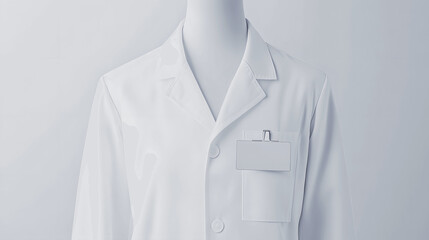 White lab coat mockup on mannequin with name badge isolated on neutral background
