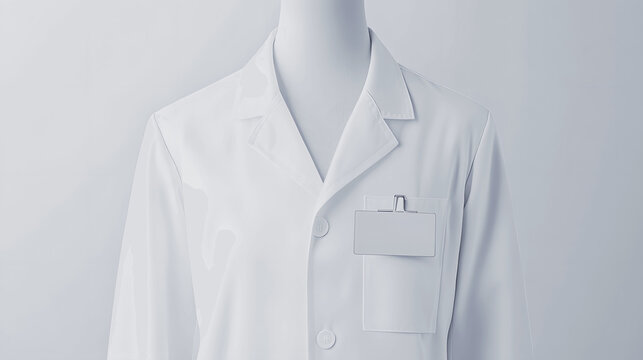 White lab coat mockup on mannequin with name badge isolated on neutral background