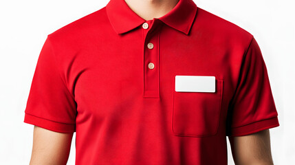 Red fast food worker uniform mockup polo shirt with name badge