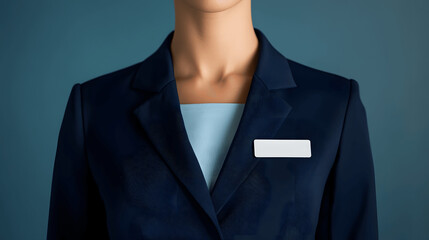 Navy blue flight attendant uniform mockup jacket with name badge