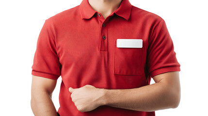 Red fast food worker uniform mockup polo shirt with name badge