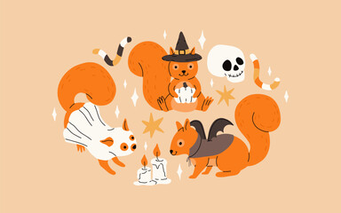Cute squirrel in halloween costumes. Cartoon squirrel for autumn season, ghost, vampire and witch hat, skull, star and candles. Flat vector collection.
