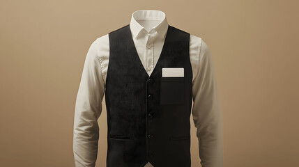 Black waiter uniform mockup vest over white shirt with name badge
