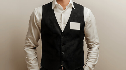 Black waiter uniform mockup vest over white shirt with name badge