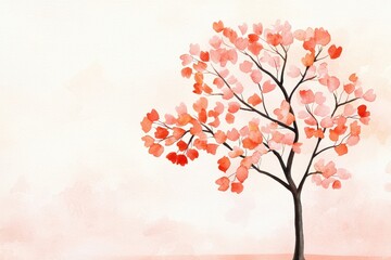 Beautiful Autumn Tree with Vibrant Red and Orange Leaves on a Soft Pastel Background