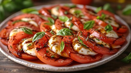 A top-down view of Caprese Salad with alternating slices of mozzarella and tomato, garnished with basil and balsamic drizzle, served on a white platter,