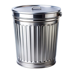 A silver trash can with a lid ajar, revealing crumpled paper inside, is isolated on a white background