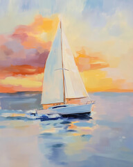 Naklejka premium illustration of sailboat sailing with sunset in background