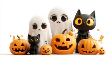 Obraz premium Adorable Halloween Scene with Cute Ghosts and Black Cats