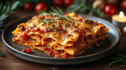 A top-down view of lasagna with crispy, bubbling cheese, served on a ceramic plate, with a blurred candlelight softly glowing in the background, creating a serene and inviting dining experience.