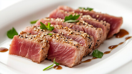 Sliced Seared Tuna with Sesame Seeds and Herbs on White Plate