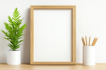 Frame on Scandinavian-style desk, clean and simple, illustration