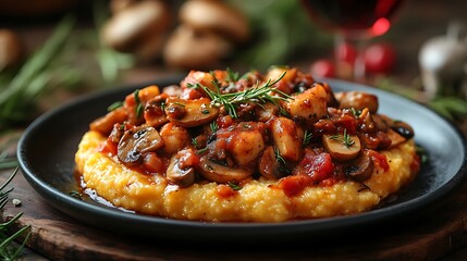 A top-down view of polenta with mushroom rag&ugrave;, beautifully arranged on a dark ceramic plate, with a blurred wine glass softly glowing in the background, creating a cozy and refined dining atmosphere.