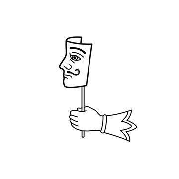 Hand holding carnival or theatrical mask (male face with mustache). Vector editable stroke line. Graphick isolated icon.