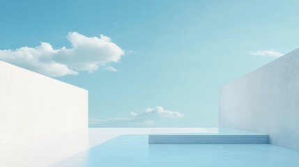 Minimalist outdoor architectural scene with white walls and blue sky background