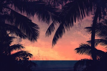 Silhouette of coconut leaves and trees against a sunset sky featuring a vintage seascape background with palm trees on the horizon over the water